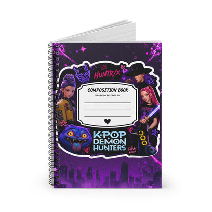 K-Pop Demon Hunters Spiral Notebook — Ruled Composition Book (Purple Neon Anime Design)