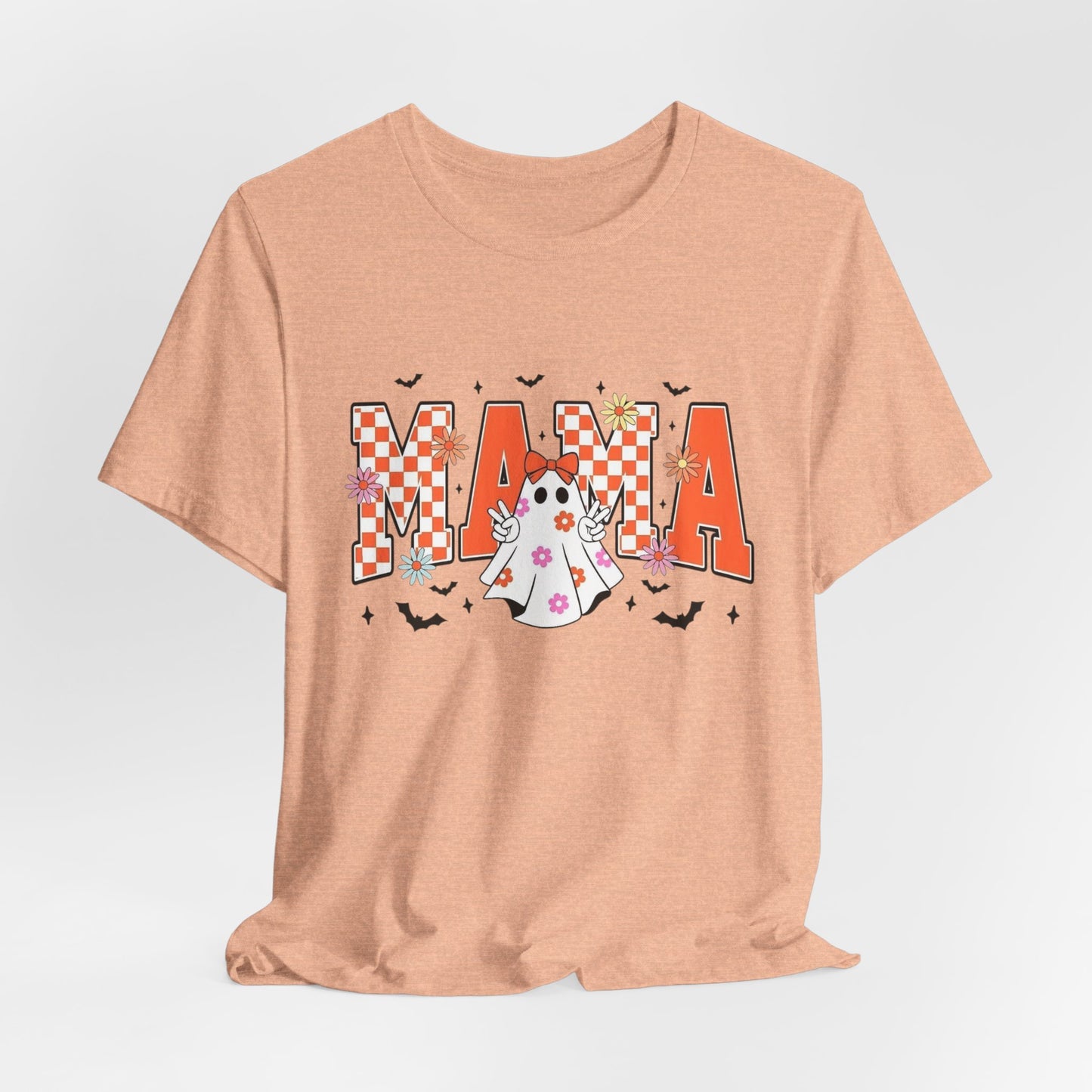 Mama Halloween T-Shirt — Cute Ghost & Checkerboard Lettering