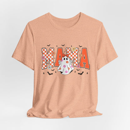 Mama Halloween T-Shirt — Cute Ghost & Checkerboard Lettering
