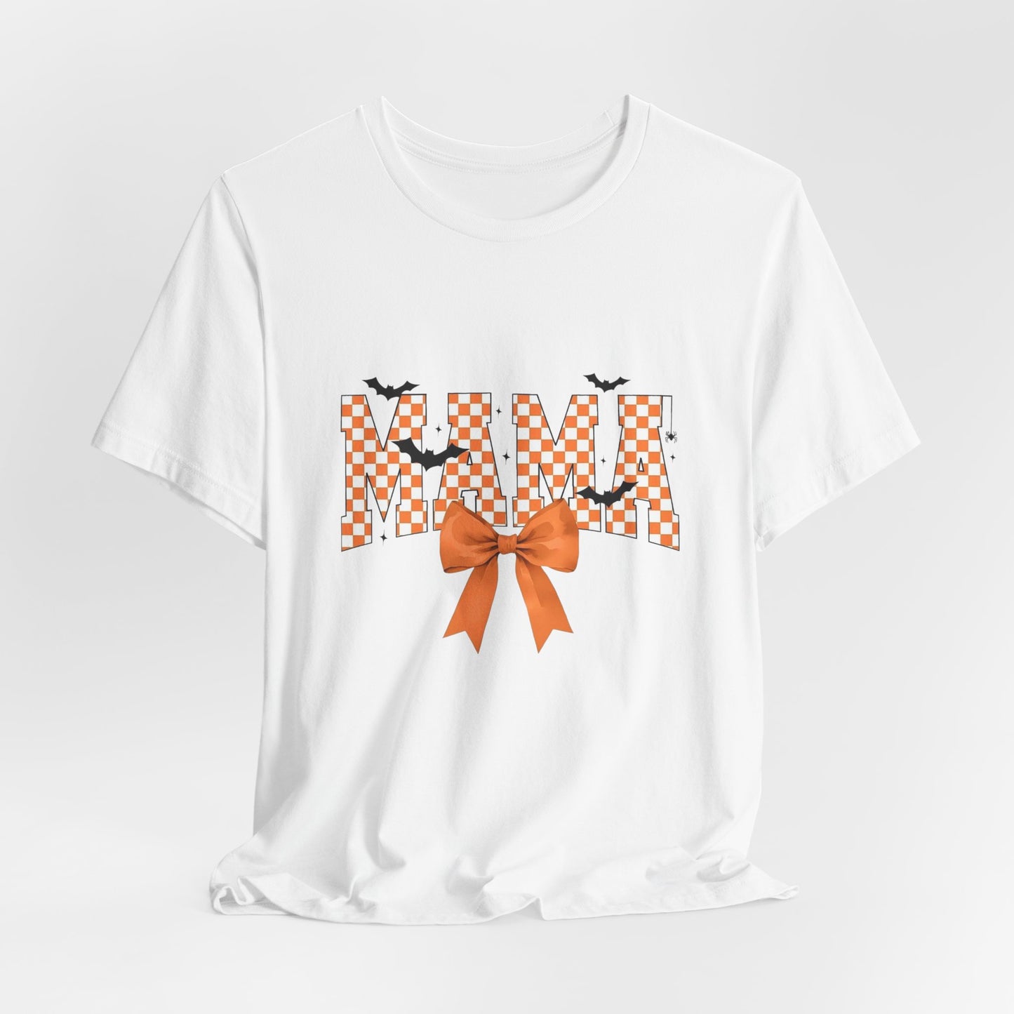 Mami Halloween Tee — Orange Checker 'MAMI' with Bow & Bats
