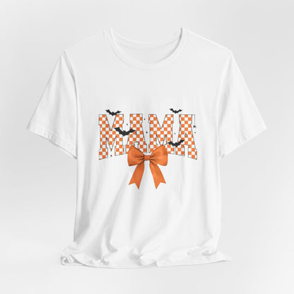 Mami Halloween Tee — Orange Checker 'MAMI' with Bow & Bats