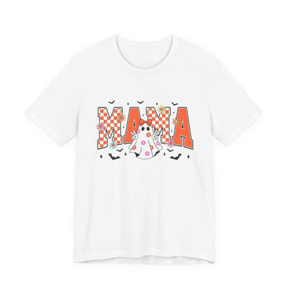 Mama Halloween T-Shirt — Cute Ghost & Checkerboard Lettering