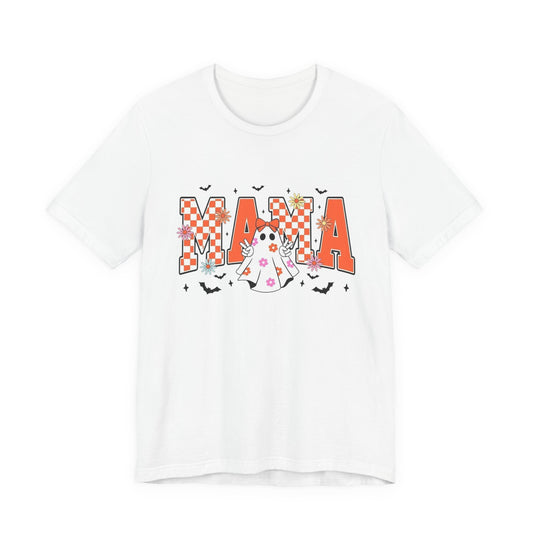 Mama Halloween T-Shirt — Cute Ghost & Checkerboard Lettering