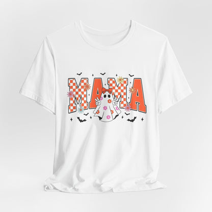 Mama Halloween T-Shirt — Cute Ghost & Checkerboard Lettering