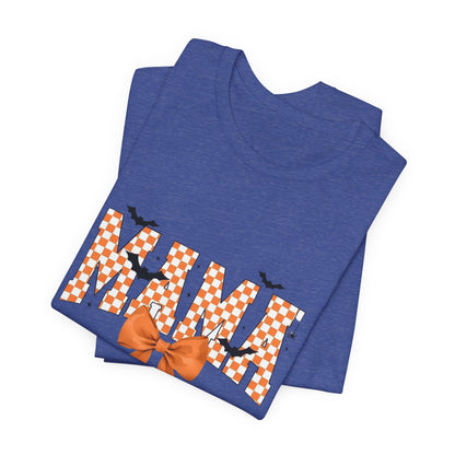 Mami Halloween Tee — Orange Checker 'MAMI' with Bow & Bats
