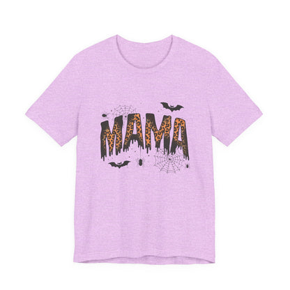 Mama Halloween Tee — Leopard Drip "MAMA" with Bats & Spiders Halloween Shirt