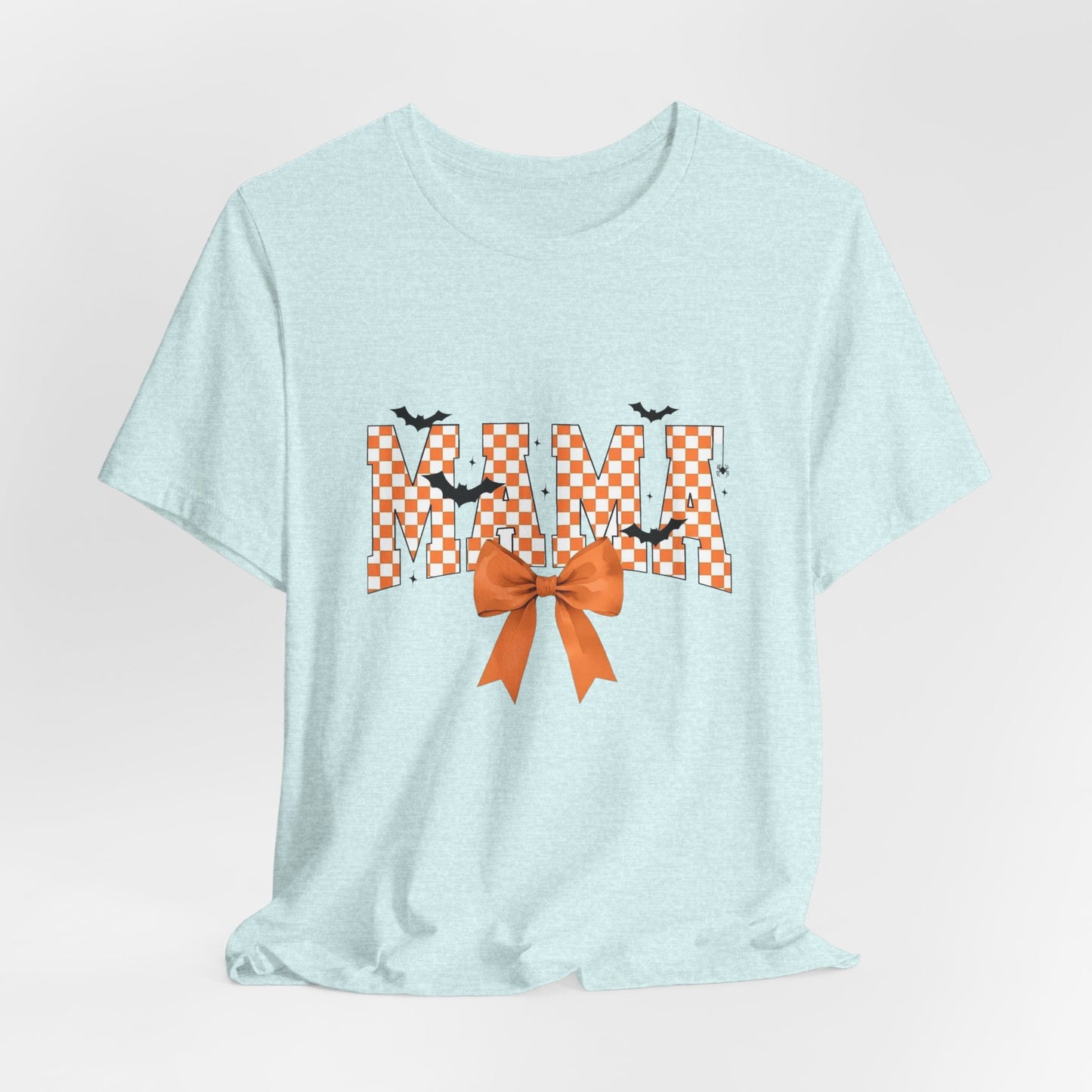 Mami Halloween Tee — Orange Checker 'MAMI' with Bow & Bats