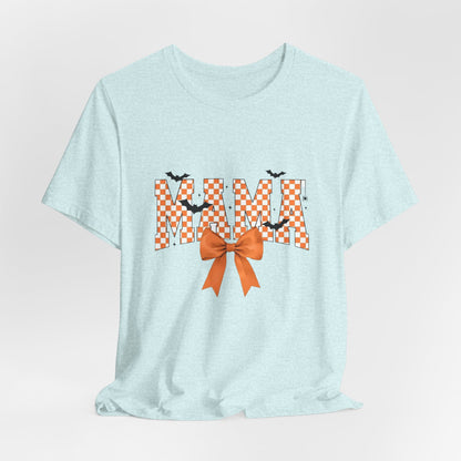 Mami Halloween Tee — Orange Checker 'MAMI' with Bow & Bats