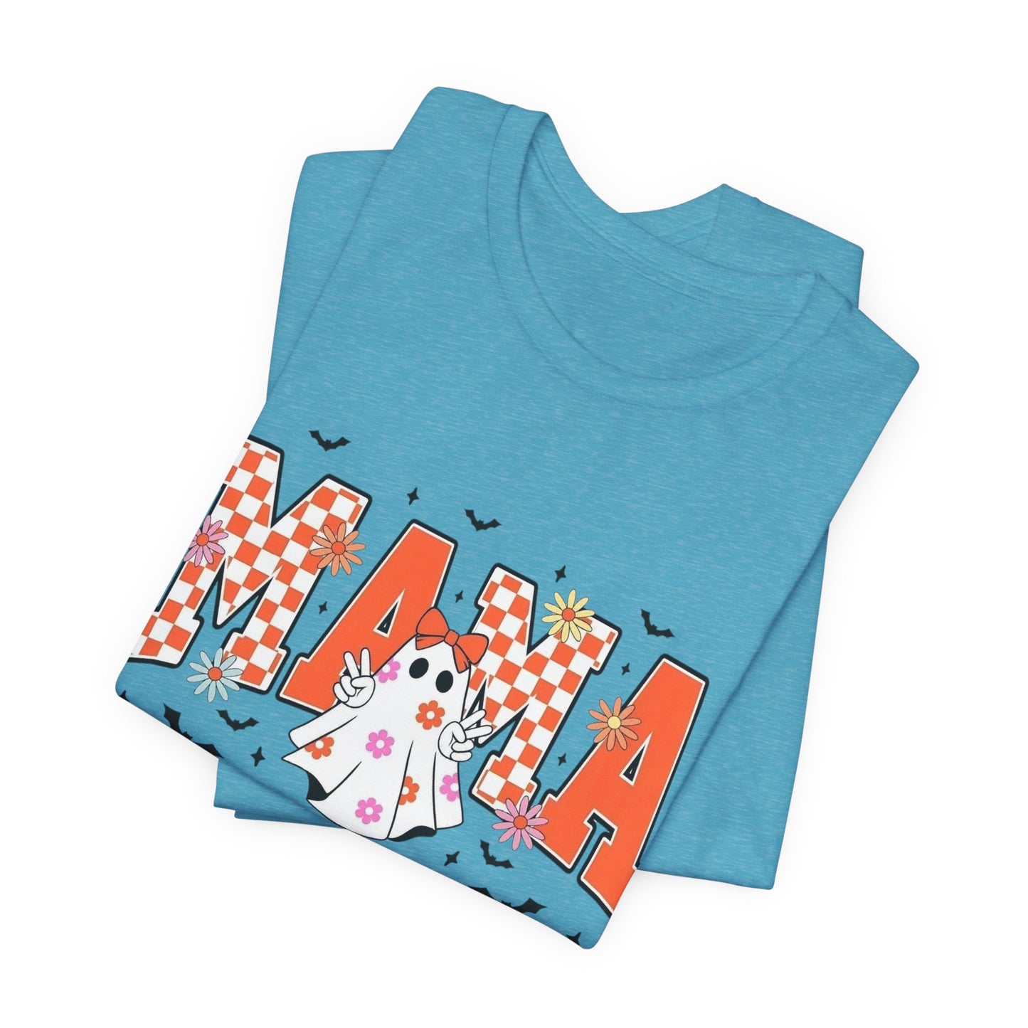 Mama Halloween T-Shirt — Cute Ghost & Checkerboard Lettering