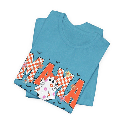 Mama Halloween T-Shirt — Cute Ghost & Checkerboard Lettering
