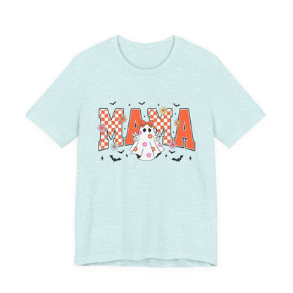 Mama Halloween T-Shirt — Cute Ghost & Checkerboard Lettering