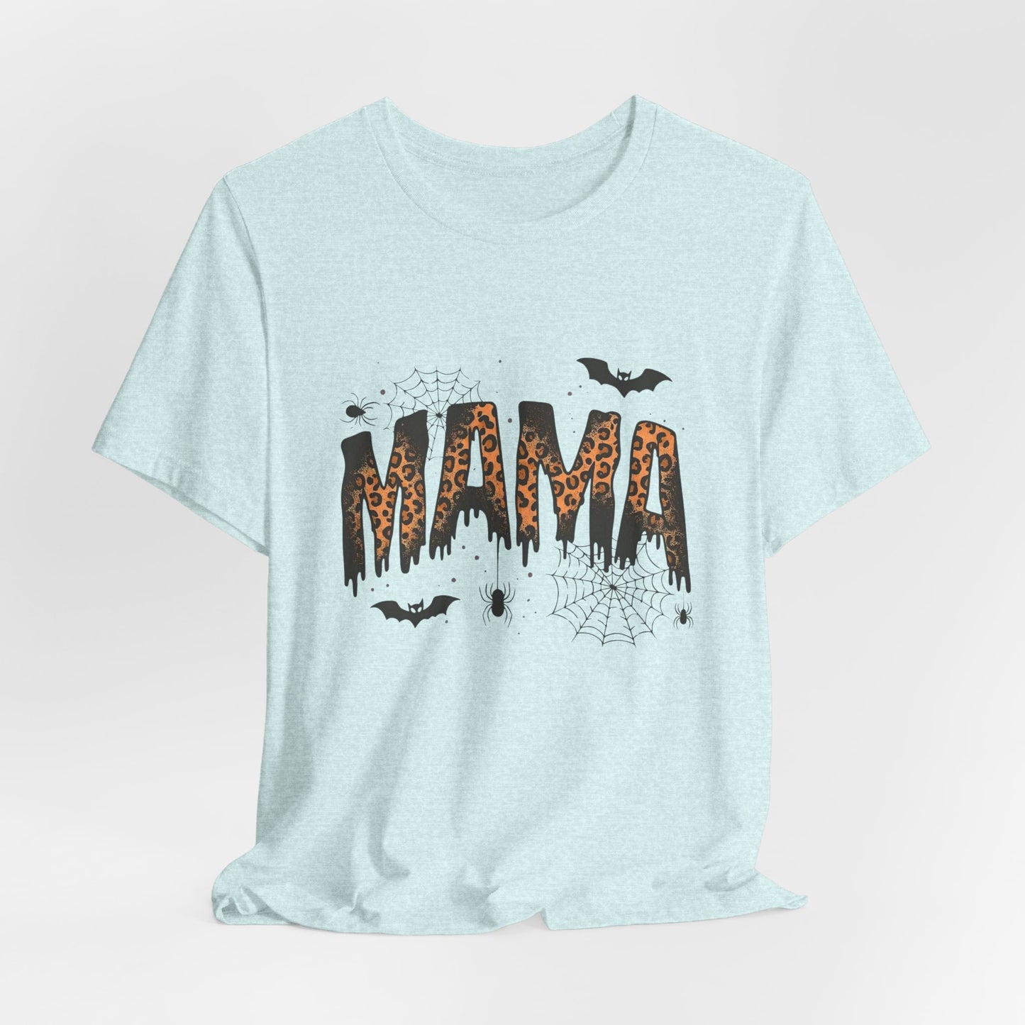 Mama Halloween Tee — Leopard Drip "MAMA" with Bats & Spiders Halloween Shirt