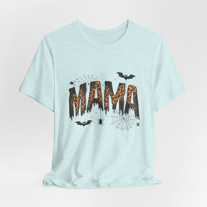 Mama Halloween Tee — Leopard Drip "MAMA" with Bats & Spiders Halloween Shirt