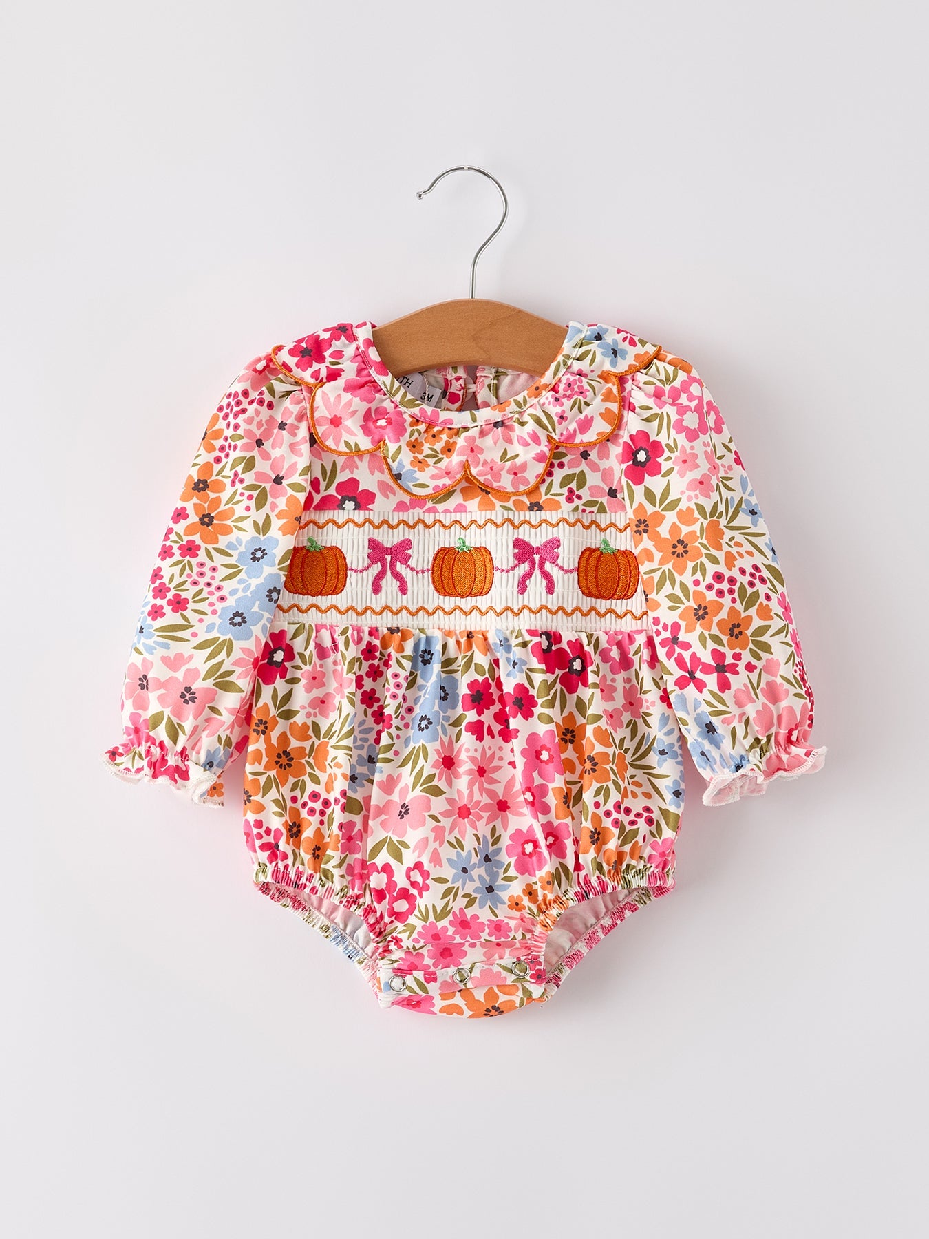 🎃 Fall Halloween & Thanksgiving Pumpkin Bow Smock Embroidered Floral Baby Girl Romper | Boutique Autumn Holiday Outfit