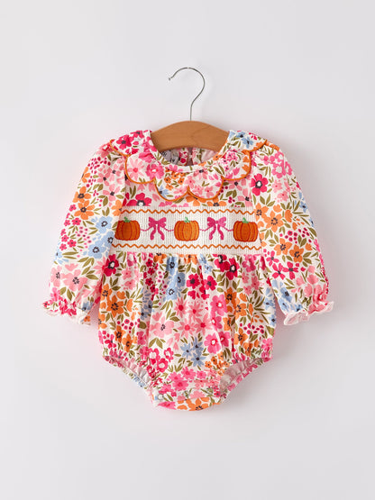 🎃 Fall Halloween & Thanksgiving Pumpkin Bow Smock Embroidered Floral Baby Girl Romper | Boutique Autumn Holiday Outfit
