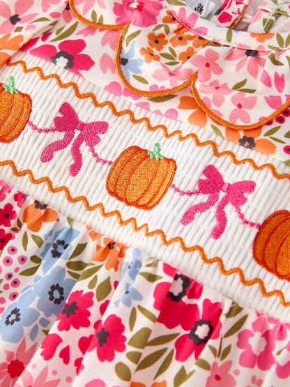 🎃 Fall Halloween & Thanksgiving Pumpkin Bow Smock Embroidered Floral Baby Girl Romper | Boutique Autumn Holiday Outfit