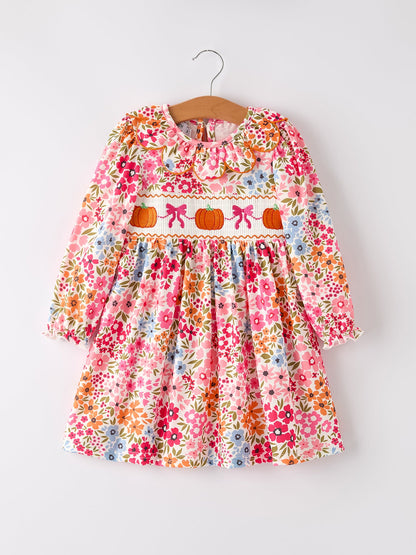 🎃 Fall Halloween & Thanksgiving Pumpkin Bow Smock Embroidered Floral Dress | Boutique Autumn Holiday Dress
