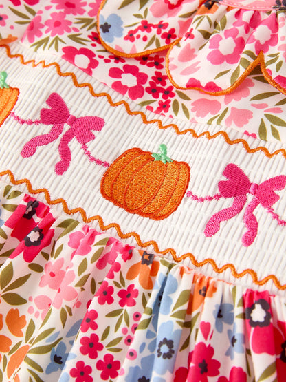 🎃 Fall Halloween & Thanksgiving Pumpkin Bow Smock Embroidered Floral Dress | Boutique Autumn Holiday Dress