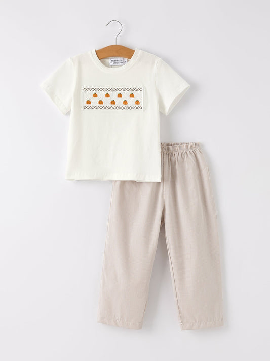 🎃🍂 Halloween & Thanksgiving Pumpkin Smock Embroidered Plaid Boys Set | Fall Boutique Boys Outfit