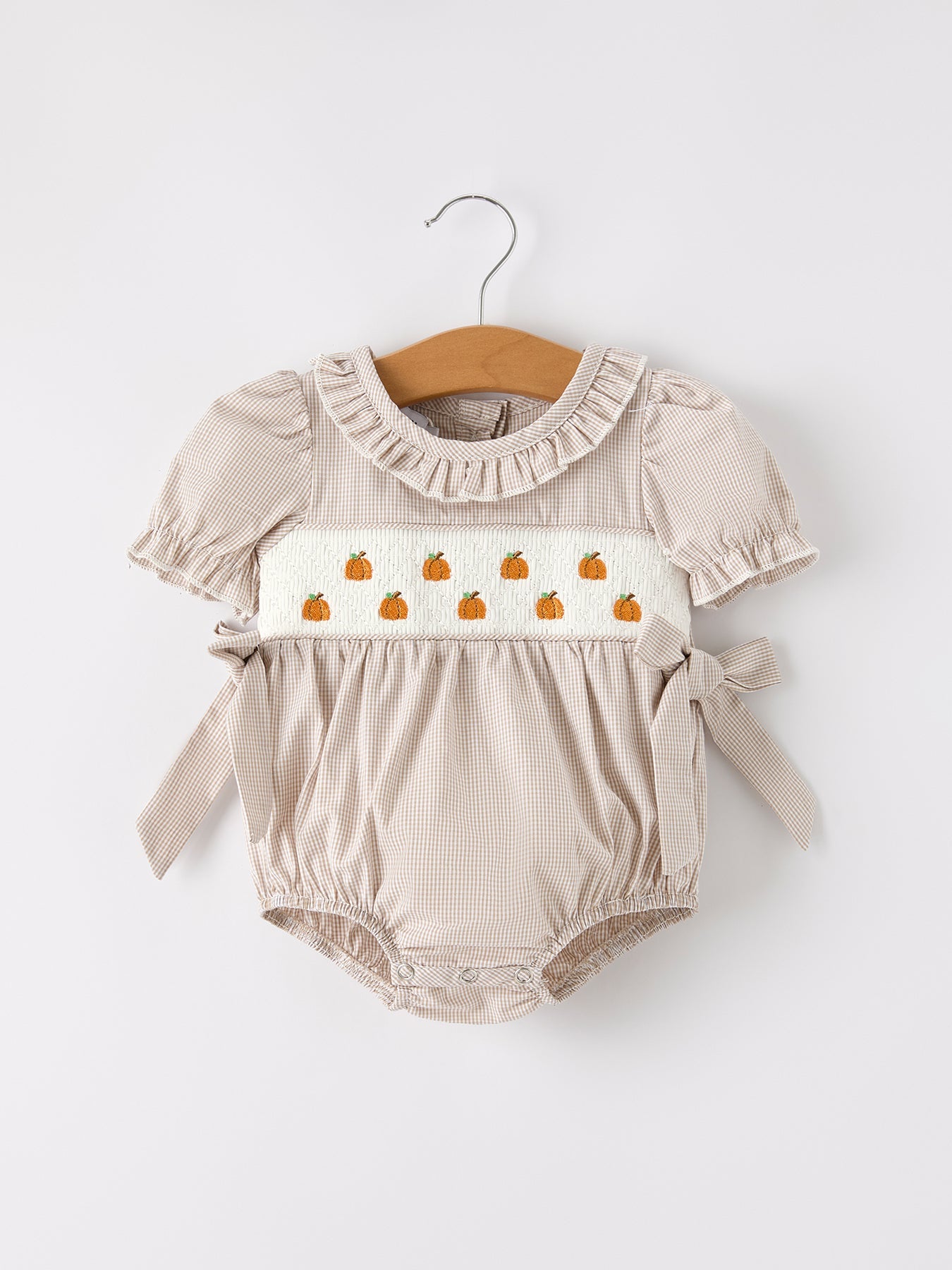 🎃 Fall Halloween & Thanksgiving Pumpkin Embroidery Smock Plaid Baby Girl Romper | Boutique Autumn Holiday Outfit