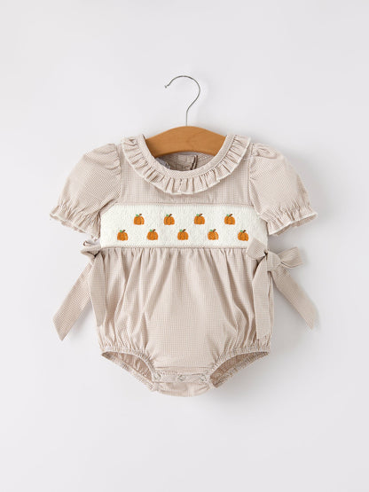 🎃 Fall Halloween & Thanksgiving Pumpkin Embroidery Smock Plaid Baby Girl Romper | Boutique Autumn Holiday Outfit