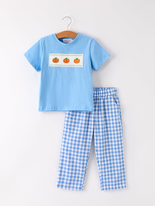 Fall Thanksgiving & Halloween Blue Pumpkin Smocked Baby Boy Set | Boutique Toddler Boy Autumn Outfit | Pumpkin Embroidery Set