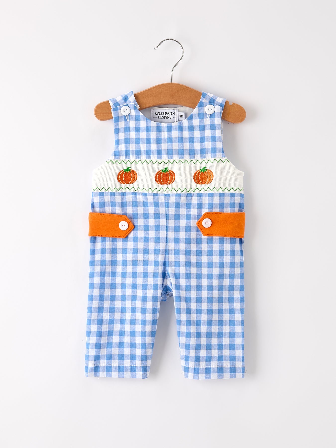 💙 Blue Fall Thanksgiving & Halloween Pumpkin Smock Embroidered Baby Boy Romper | Boutique Autumn Holiday Outfit