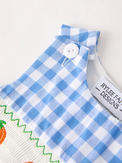 💙 Blue Fall Thanksgiving & Halloween Pumpkin Smock Embroidered Baby Boy Romper | Boutique Autumn Holiday Outfit