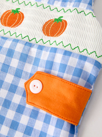💙 Blue Fall Thanksgiving & Halloween Pumpkin Smock Embroidered Baby Boy Romper | Boutique Autumn Holiday Outfit