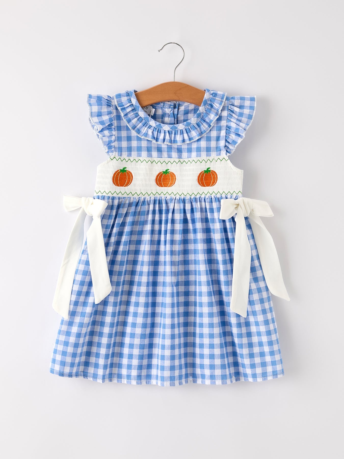 Fall Thanksgiving & Halloween Blue Pumpkin Smocked Baby Girl Dress | Boutique Autumn Toddler Outfit | Pumpkin Embroidery Dress