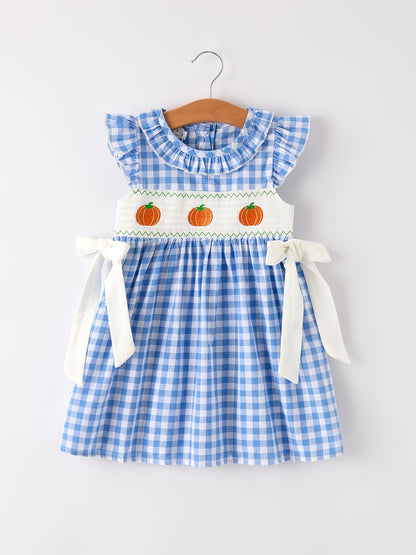 Fall Thanksgiving & Halloween Blue Pumpkin Smocked Baby Girl Dress | Boutique Autumn Toddler Outfit | Pumpkin Embroidery Dress