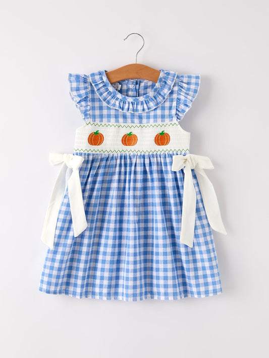 Fall Thanksgiving & Halloween Blue Pumpkin Smocked Baby Girl Dress | Boutique Autumn Toddler Outfit | Pumpkin Embroidery Dress