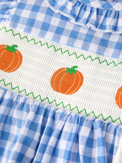 Fall Thanksgiving & Halloween Blue Pumpkin Smocked Baby Girl Dress | Boutique Autumn Toddler Outfit | Pumpkin Embroidery Dress