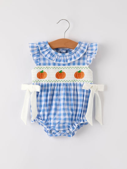 🎃 Fall Thanksgiving & Halloween Blue Pumpkin Smock Embroidery Baby Girl Romper | Boutique Autumn Holiday Outfit