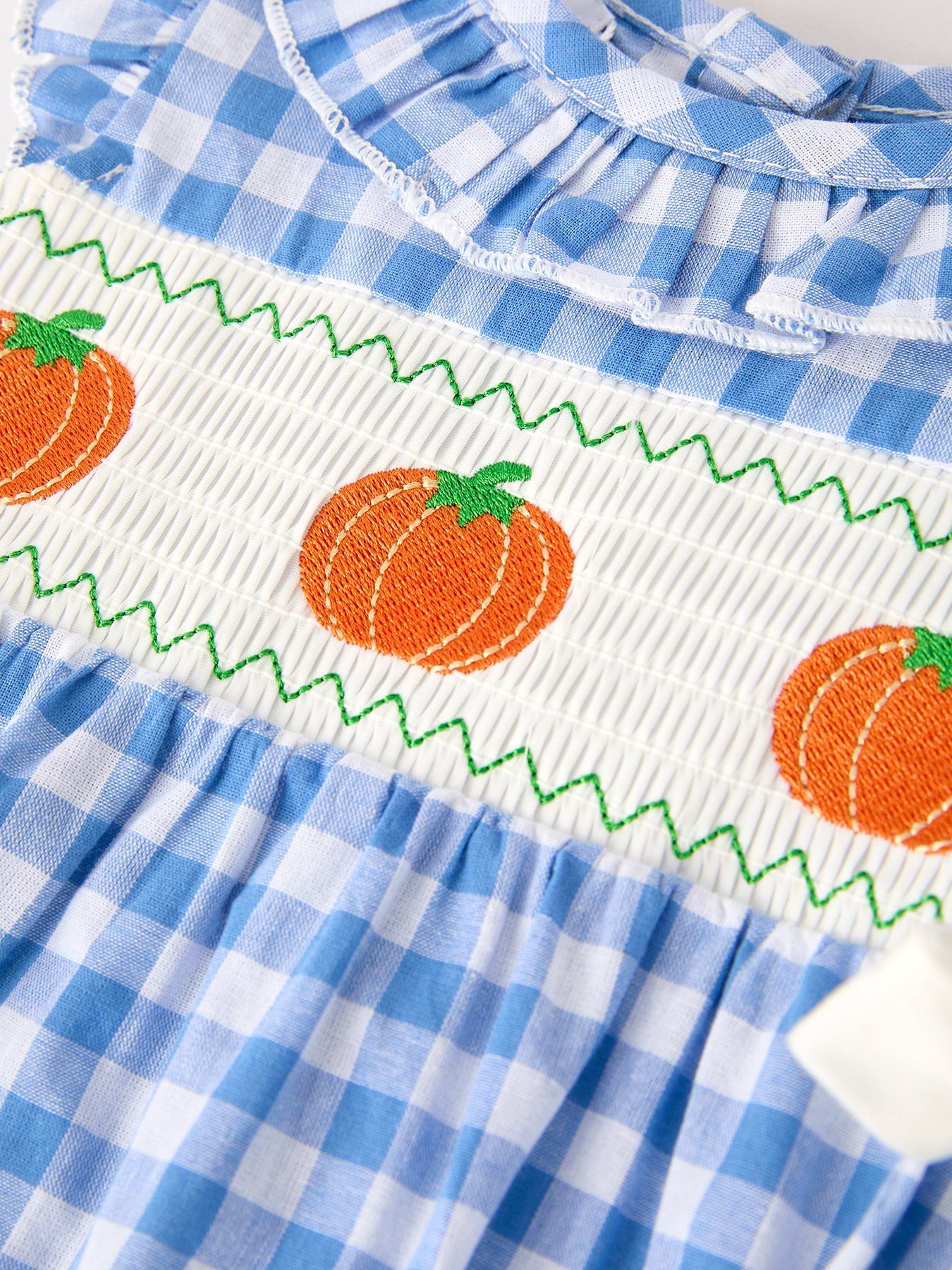 🎃 Fall Thanksgiving & Halloween Blue Pumpkin Smock Embroidery Baby Girl Romper | Boutique Autumn Holiday Outfit