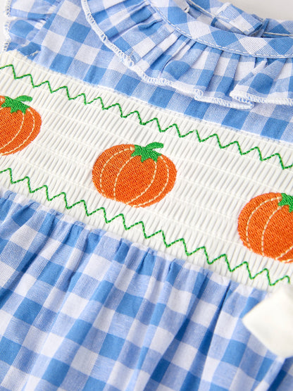 🎃 Fall Thanksgiving & Halloween Blue Pumpkin Smock Embroidery Baby Girl Romper | Boutique Autumn Holiday Outfit