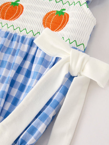 🎃 Fall Thanksgiving & Halloween Blue Pumpkin Smock Embroidery Baby Girl Romper | Boutique Autumn Holiday Outfit