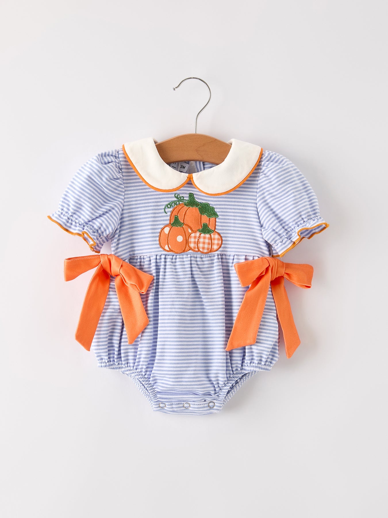 🍂 Fall Thanksgiving & Halloween Lapel Stripe Pumpkin Applique Bow Girls Romper | Boutique Autumn Holiday Outfit