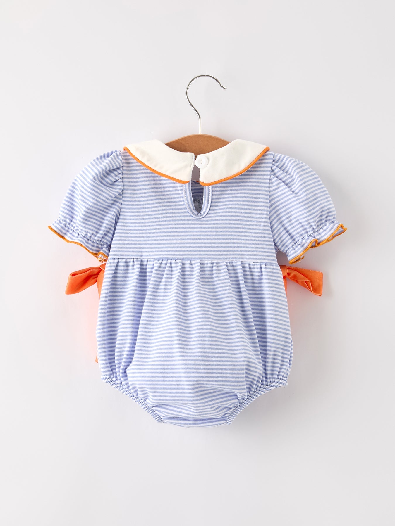 🍂 Fall Thanksgiving & Halloween Lapel Stripe Pumpkin Applique Bow Girls Romper | Boutique Autumn Holiday Outfit
