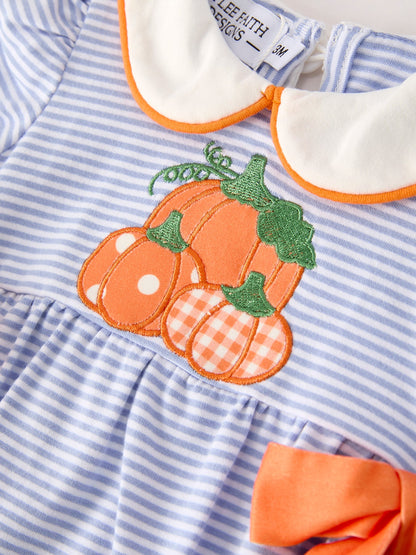🍂 Fall Thanksgiving & Halloween Lapel Stripe Pumpkin Applique Bow Girls Romper | Boutique Autumn Holiday Outfit