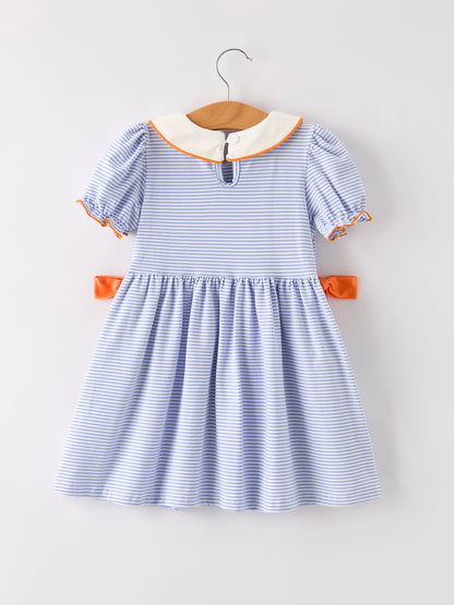 🍂 Fall Thanksgiving & Halloween Lapel Stripe Pumpkin Applique Bow Girls Dress | Boutique Autumn Holiday Outfit