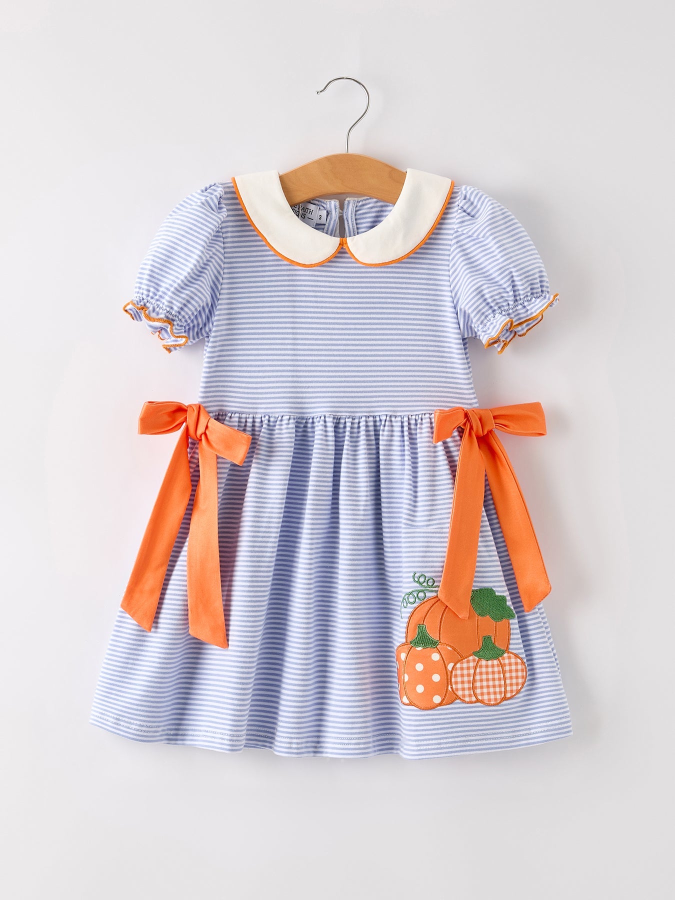 🍂 Fall Thanksgiving & Halloween Lapel Stripe Pumpkin Applique Bow Girls Dress | Boutique Autumn Holiday Outfit
