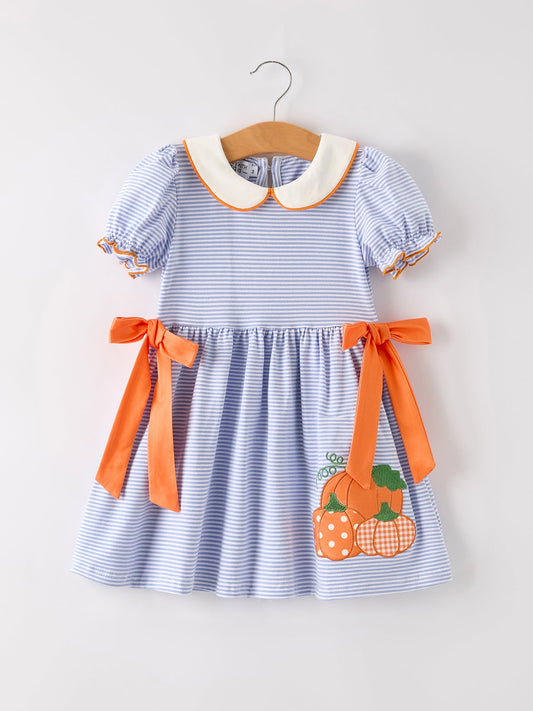 🍂 Fall Thanksgiving & Halloween Lapel Stripe Pumpkin Applique Bow Girls Dress | Boutique Autumn Holiday Outfit