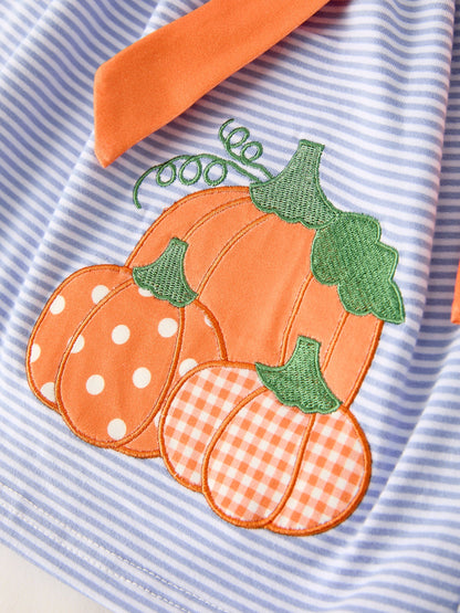 🍂 Fall Thanksgiving & Halloween Lapel Stripe Pumpkin Applique Bow Girls Dress | Boutique Autumn Holiday Outfit