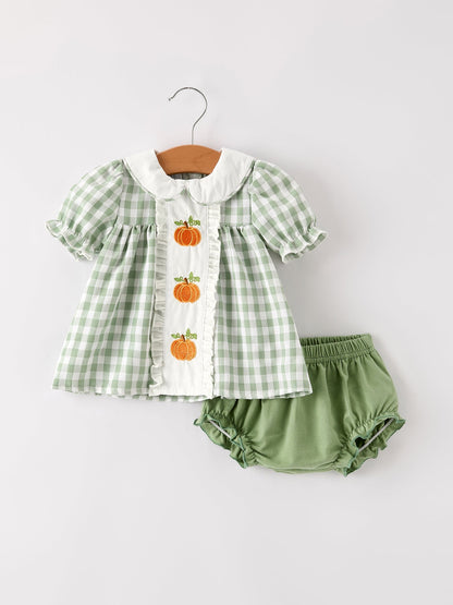 Fall Halloween & Thanksgiving Applique Plaid Girls Bloomers Romper Set | Boutique Baby Girl Autumn Outfit | Pumpkin Holiday Romper