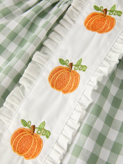 Fall Halloween & Thanksgiving Applique Plaid Girls Bloomers Romper Set | Boutique Baby Girl Autumn Outfit | Pumpkin Holiday Romper