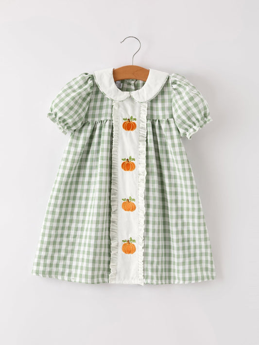 🎃 Fall Halloween & Thanksgiving Pumpkin Applique Plaid Green Girls Dress | Boutique Autumn Holiday Dress