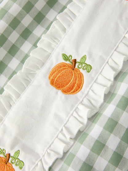🎃 Fall Halloween & Thanksgiving Pumpkin Applique Plaid Green Girls Dress | Boutique Autumn Holiday Dress