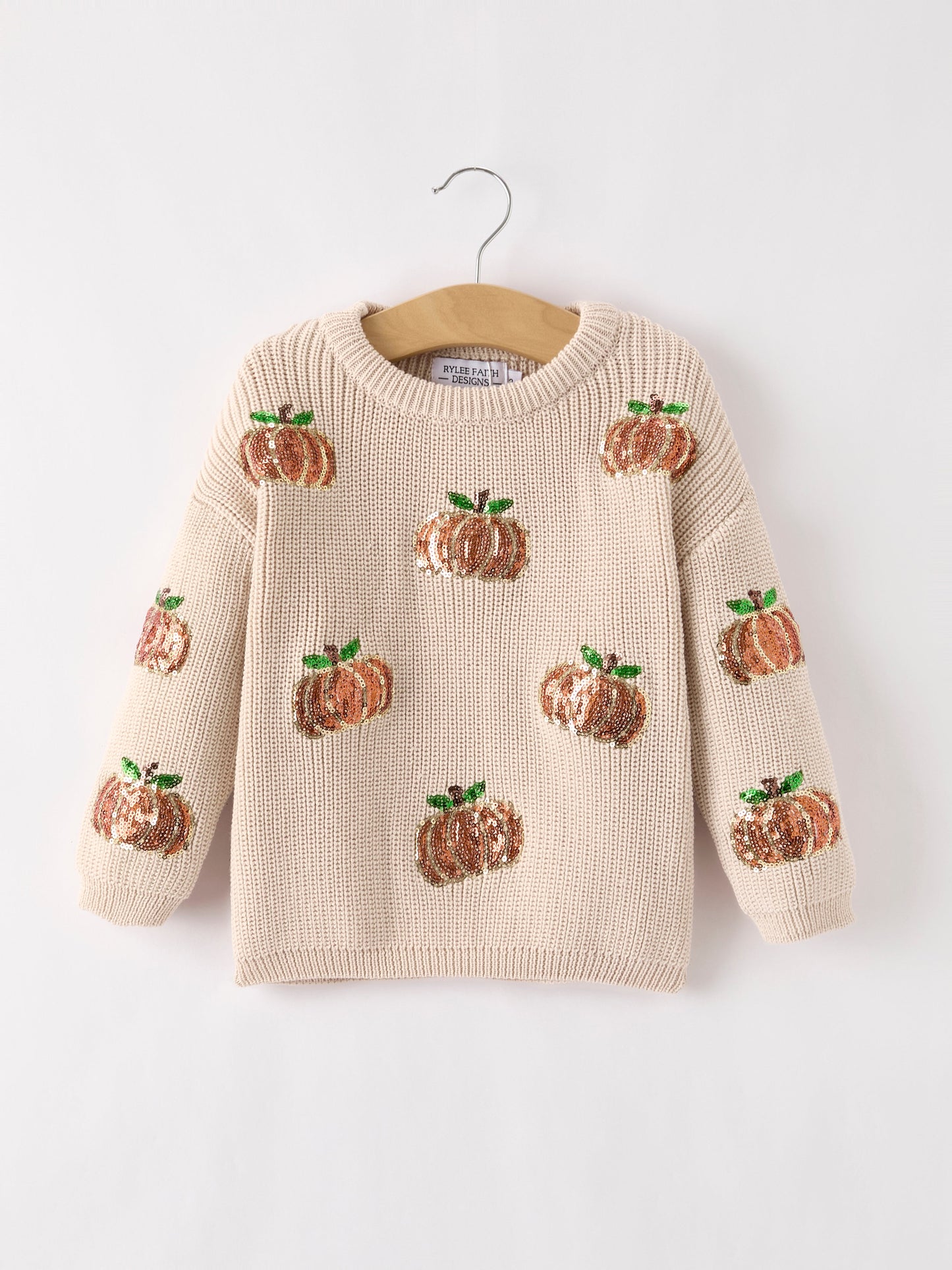 🦃 Thanksgiving Pumpkin Sequin Sweater – Beige | Cozy Fall Boutique Kids Sweater