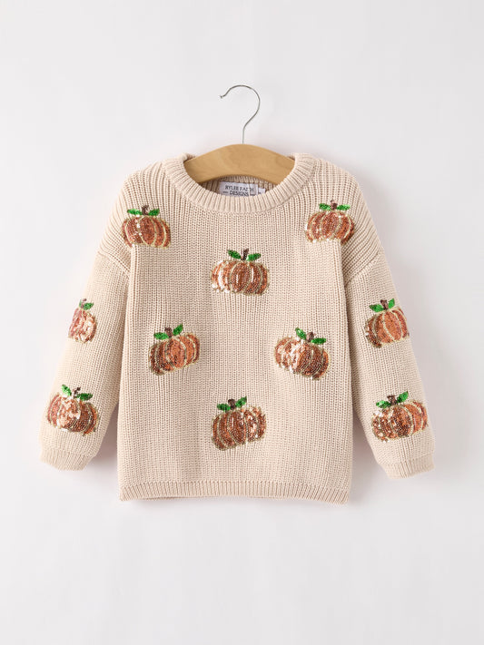 🦃 Thanksgiving Pumpkin Sequin Sweater – Beige | Cozy Fall Boutique Kids Sweater